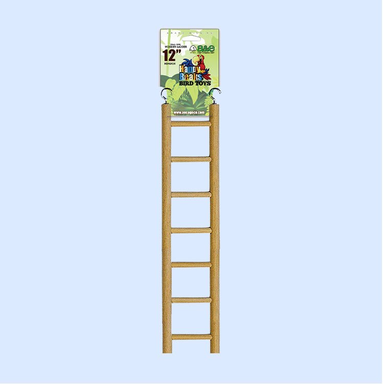 12-inch wooden bird ladder from Happy Beaks Bird Toys, perfect for climbing and exercise. This durable and natural accessory promotes physical activity and engagement for parrots and other pet birds. A great addition to your bird's habitat, available at Squawk Shop.