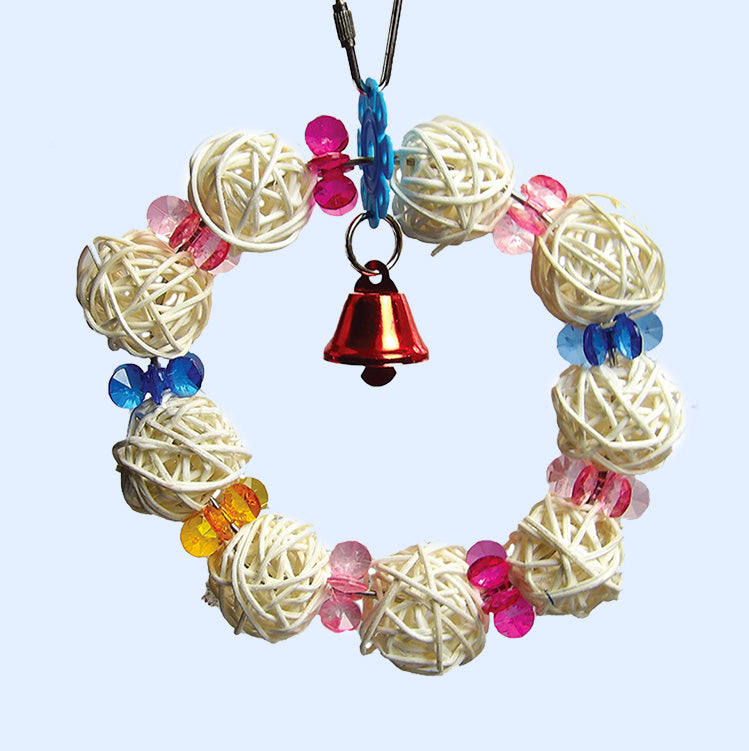 A Munch Ball Swing X-Small bird toy from Squawk Shop, featuring woven vine balls, colorful beads, and a small bell, designed for small birds to chew and swing.