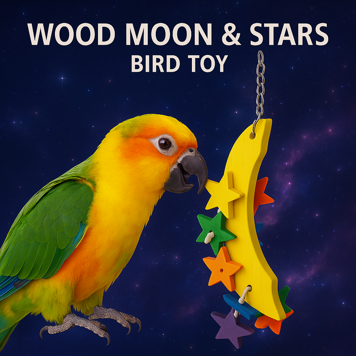 A colorful Jenday Conure parrot interacting with the Wood Moon & Stars Bird Toy, a yellow crescent moon-shaped wooden toy adorned with vibrant star-shaped accents, against a cosmic space background. The toy hangs from a metal chain, and the ad highlights its benefits for birds, including mental and physical enrichment, satisfying natural chewing instincts, and preventing boredom.