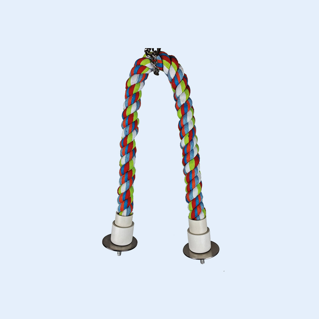 A colorful cotton cable perch for birds, featuring a durable twisted rope design in red, blue, green, and white. The perch is flexible, allowing it to be shaped as desired, and includes secure metal fittings for cage attachment. Available at Squawk Shop.