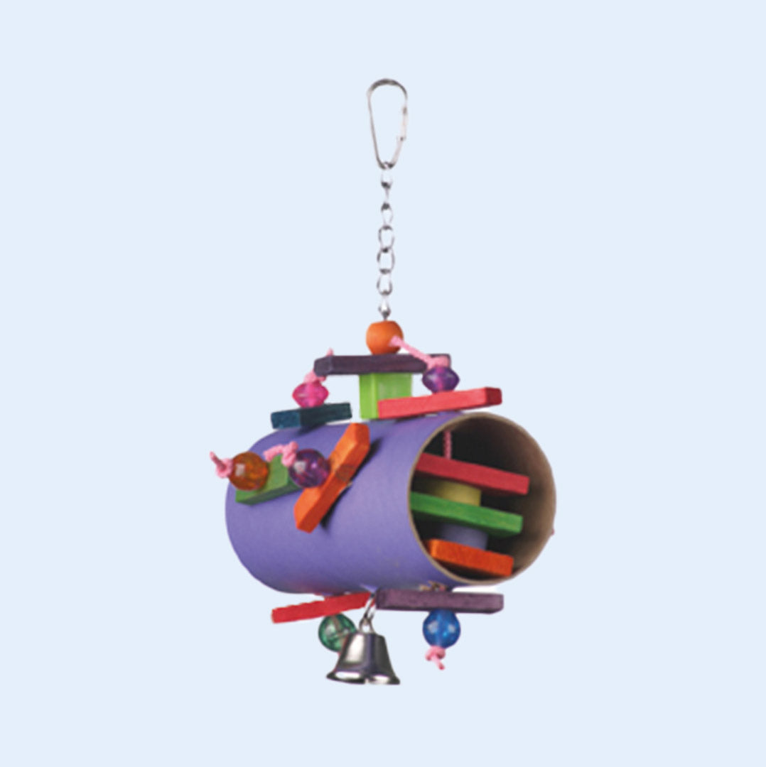 Foraging Tube bird toy from Squawk Shop, featuring a colorful tube with wooden blocks, beads, and a bell for interactive foraging, chewing, and play.