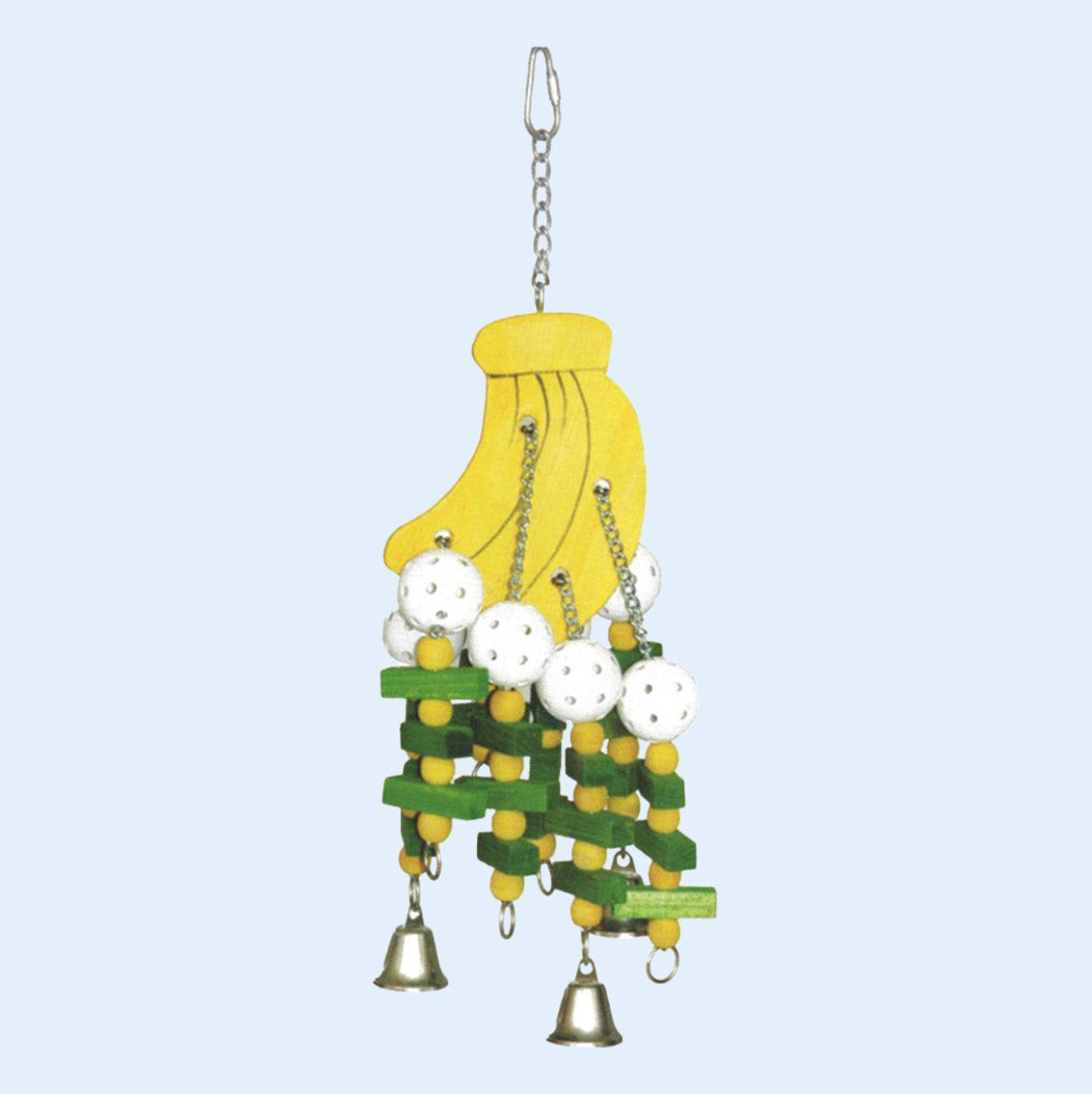 Large Bananas bird toy from Squawk Shop, featuring a banana-shaped base with colorful wooden blocks, plastic balls, and jingling bells for medium to large birds.