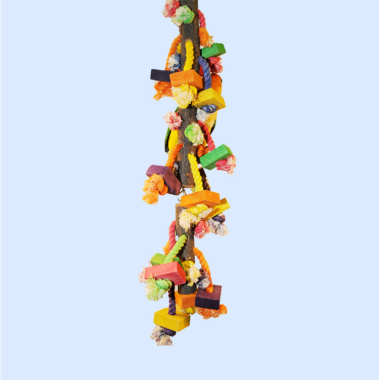 Large Real Wood with Hanging Blocks on Rope from Squawk Shop, featuring vibrant chewable blocks, durable ropes, and a natural wooden base for medium to large birds.