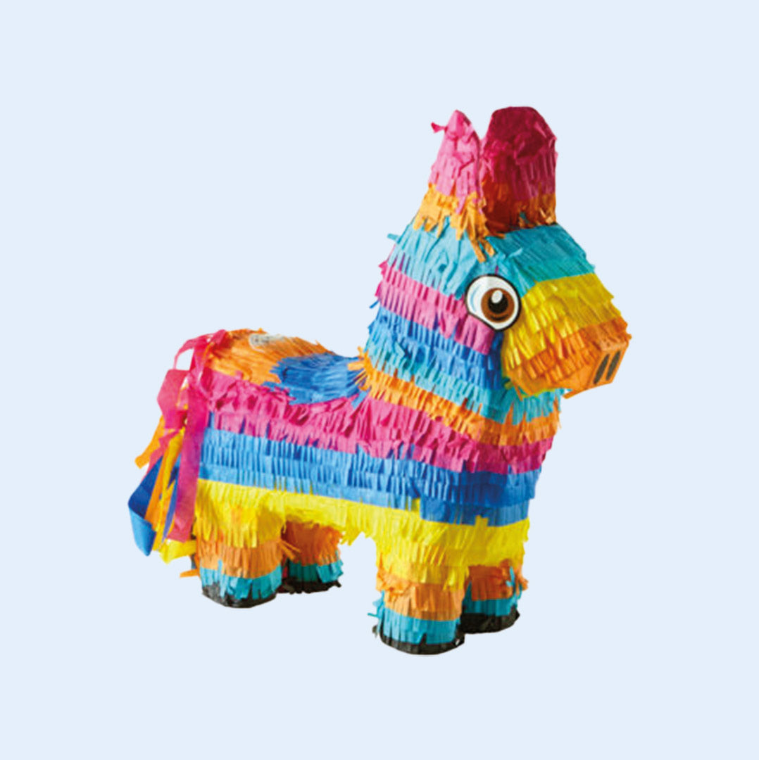 A colorful llama-shaped bird piñata with vibrant stripes of pink, blue, yellow, and orange, designed for parrots to forage, shred, and play. Perfect for bird enrichment activities. Available at Squawk Shop.