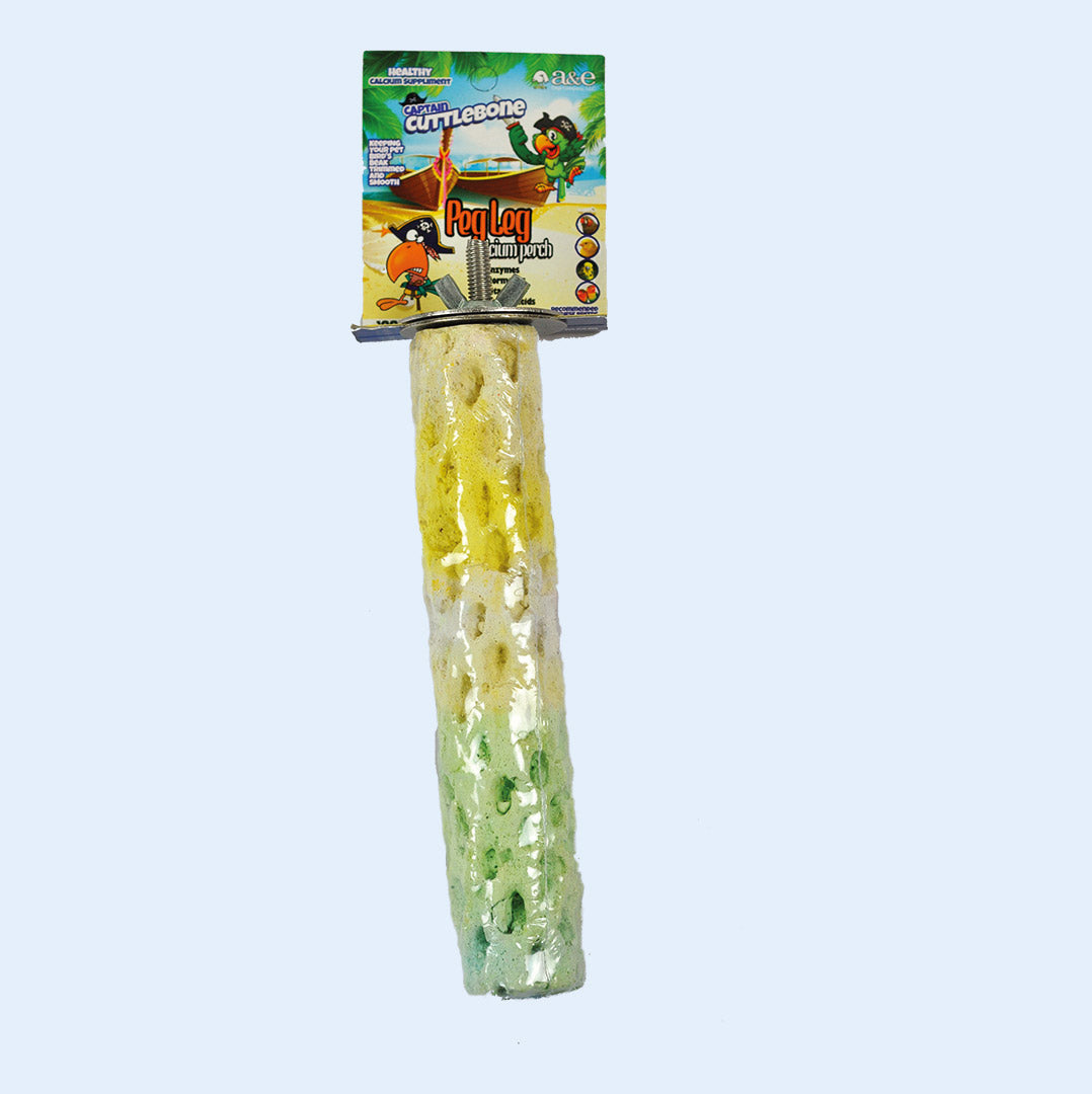 Medium Calcium Perch with colorful, textured surface – helps birds maintain healthy beaks and nails while providing essential calcium, available from Squawk Shop.