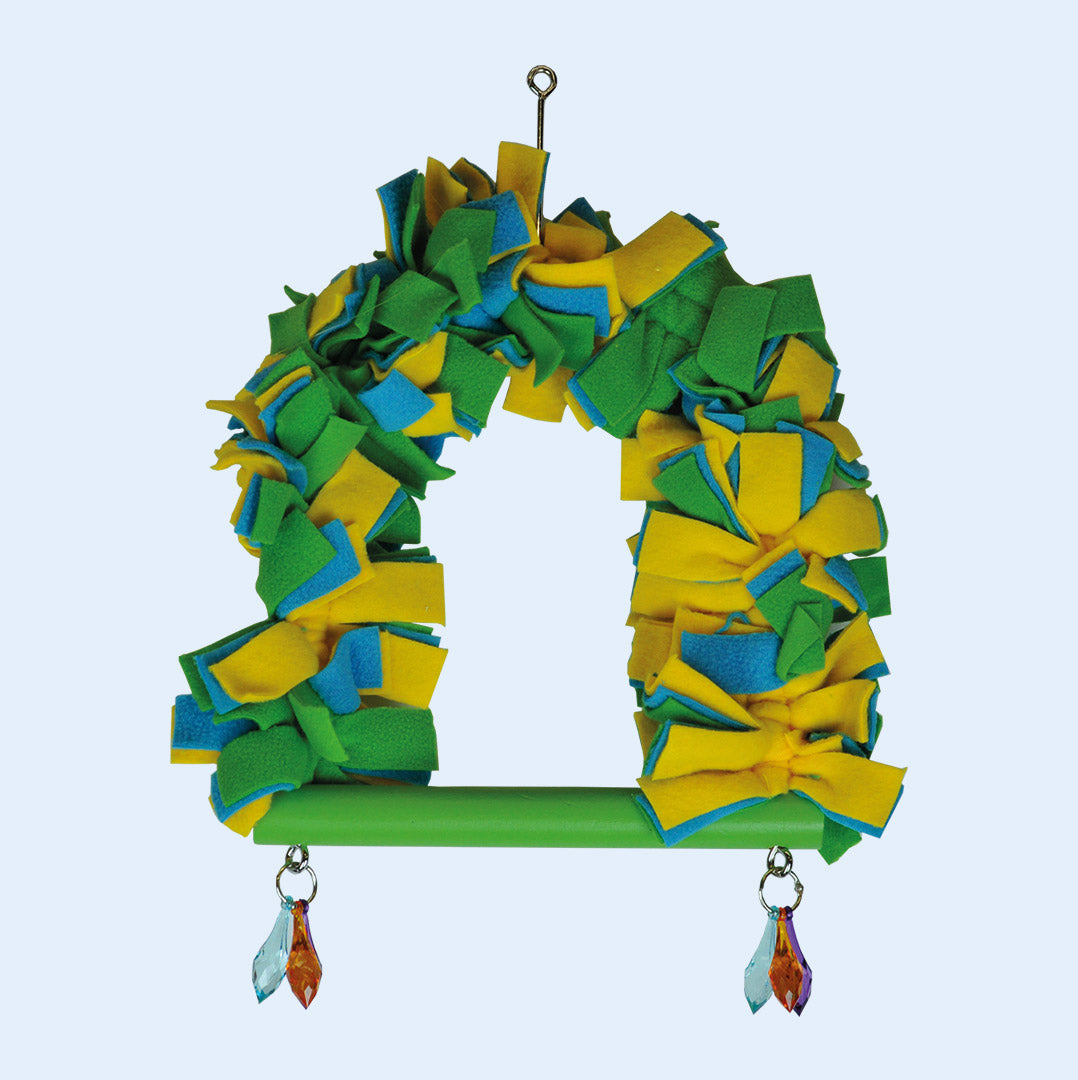 Medium Fleece Snuggle Swing for birds with colorful fleece tassels, a sturdy perch, and hanging charms, available at Squawk Shop.