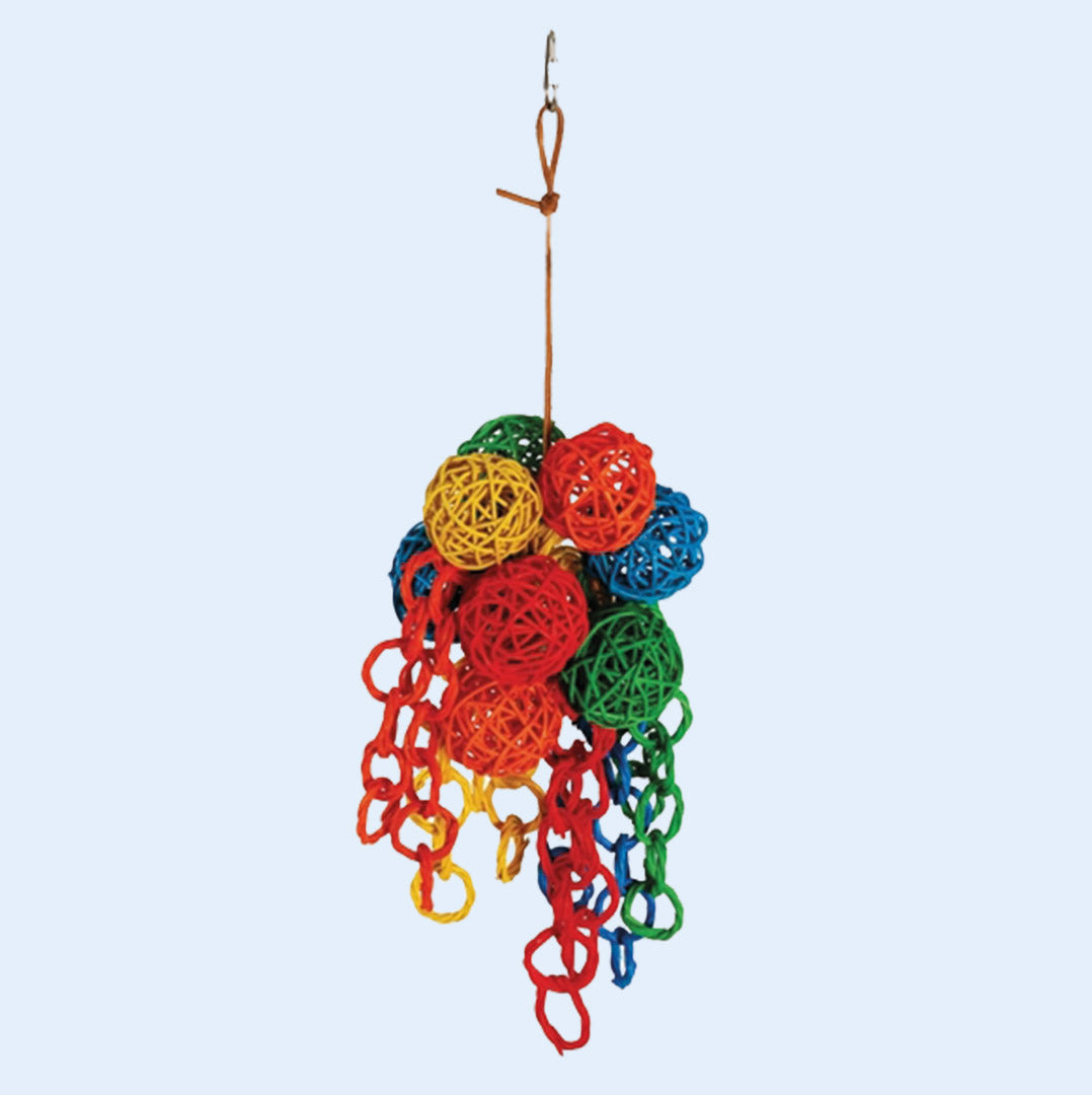 Medium Vine Foraging Balls toy with colorful vine balls and hanging loops for chewing and foraging. Available now at Squawk Shop!