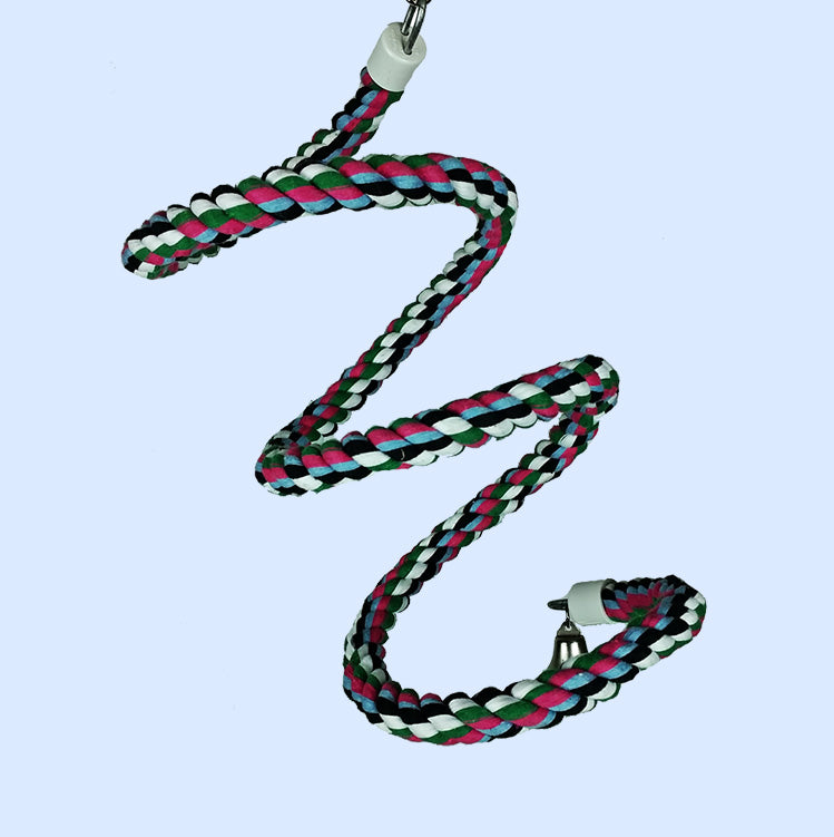 A colorful spiral cotton rope bird perch with a metal attachment and bell, designed for climbing, bouncing, and perching inside a bird’s cage.