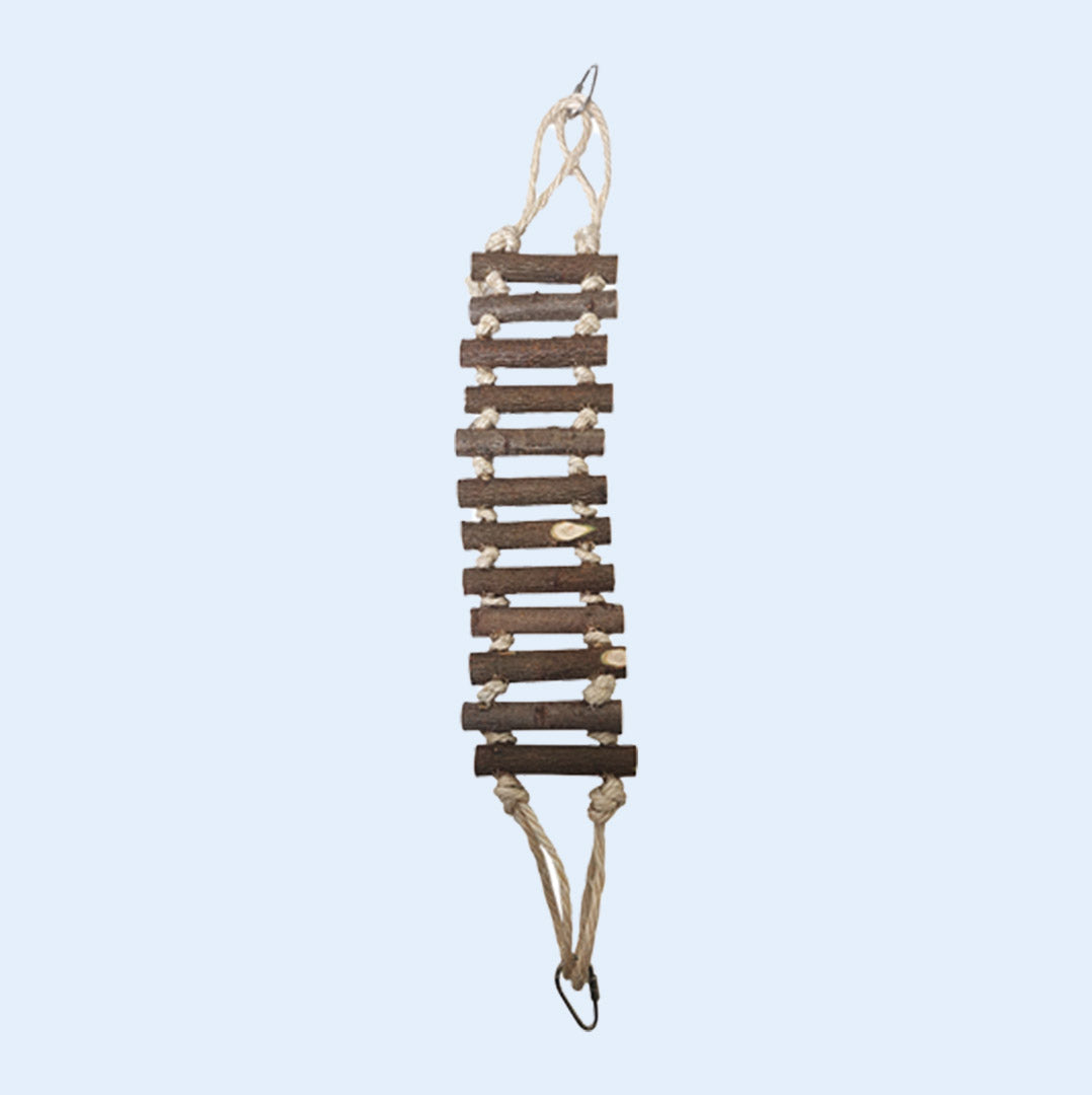 Small Natural Wood Rope Ladder bird toy with wooden rungs and rope sides, available at Squawk Shop for climbing fun and enrichment.
