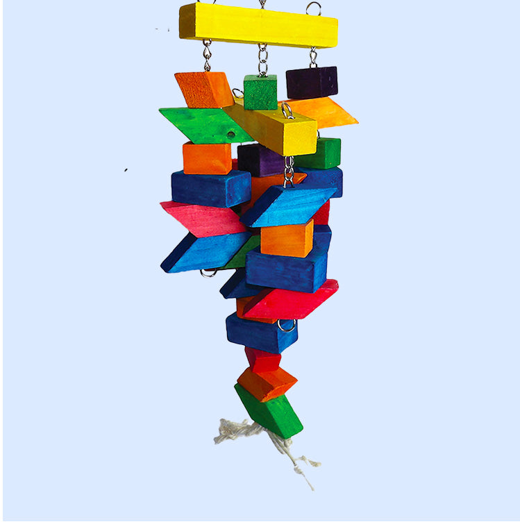 A large wooden bird toy with colorful parallelogram-shaped blocks strung together with chains and rope, designed for chewing, climbing, and enrichment.