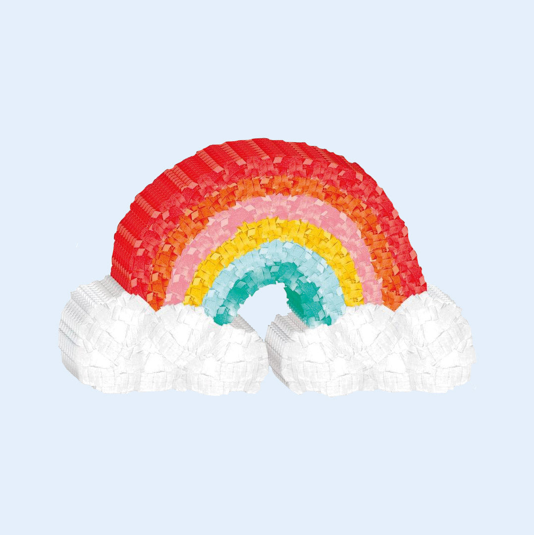 A rainbow-shaped bird piñata with vibrant red, orange, yellow, pink, and blue arches, topped with fluffy white clouds. Designed for parrots to shred, forage, and play. Available at Squawk Shop.