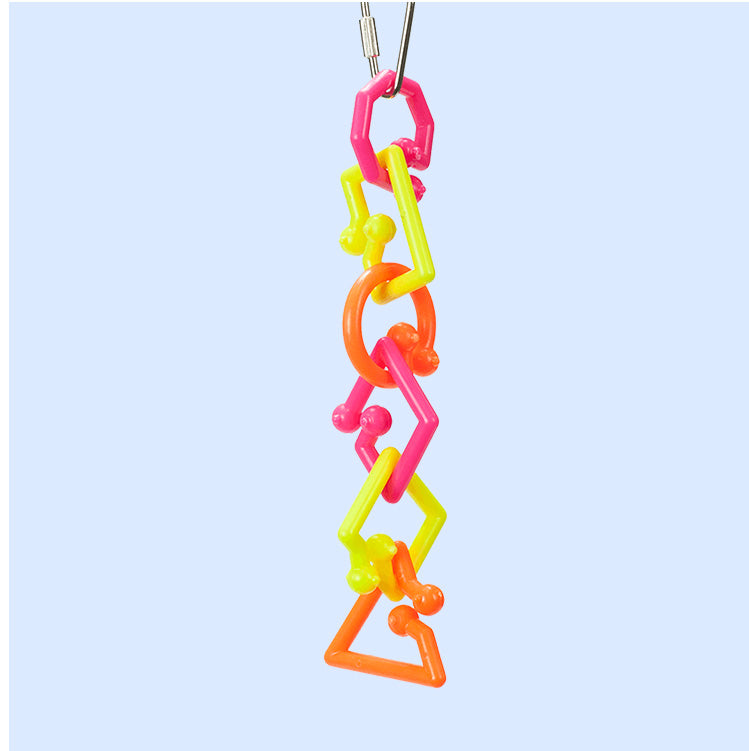 A large bird toy made of interlocking neon-colored plastic links, designed for pulling, shaking, and rattling to entertain birds and encourage activity.