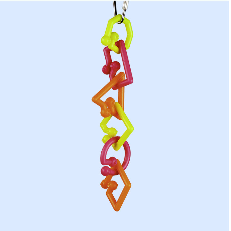 A small bird toy made of interlocking neon-colored plastic links, designed for pulling, shaking, and rattling, perfect for small birds.