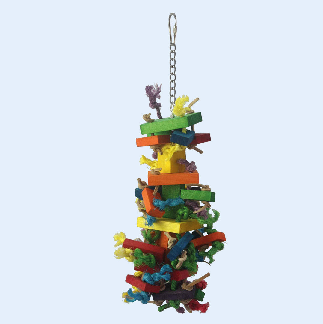 Small Cluster Blocks Bird Toy with colorful wood blocks, rope, and textures, perfect for chewing and play. Available now at Squawk Shop!