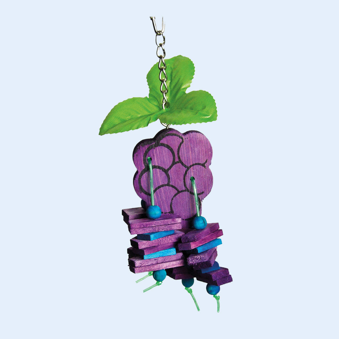 Small Purple Grapes Bird Toy with wooden blocks, beads, and a leaf topper, designed for chewing and foraging fun. Available now at Squawk Shop!