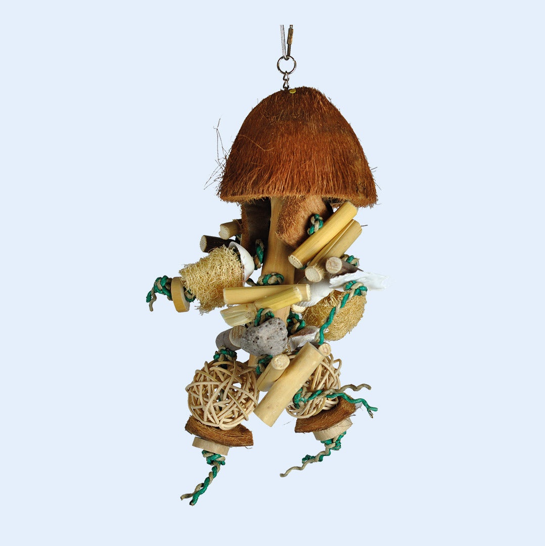 Small Java Bush bird toy from Squawk Shop, featuring Java wood, coconut shell, and loofah for foraging fun and beak health.