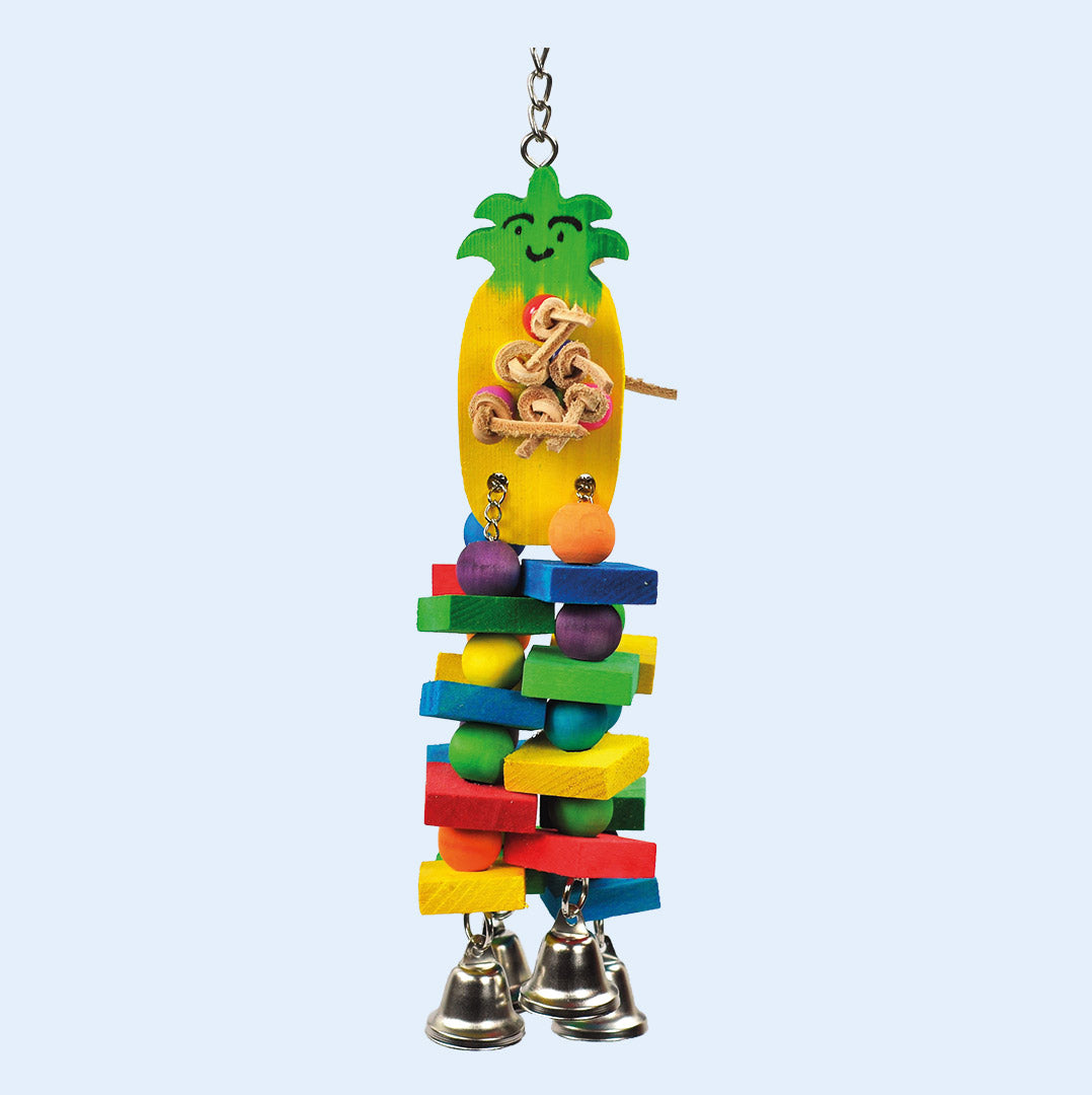 Small Pineapple Bird Toy with a smiling pineapple design, colorful wooden blocks, beads, and bells, available at Squawk Shop!