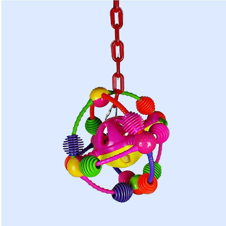 A vibrant Space Ball on a Chain bird toy from Squawk Shop, featuring colorful textured elements and a secure hanging chain for interactive bird play.