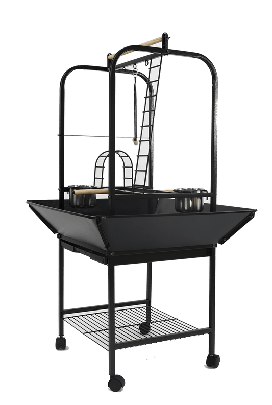 Black rolling parrot play stand with ladders, swing, stainless steel feeder cups, seed guards, and storage shelf