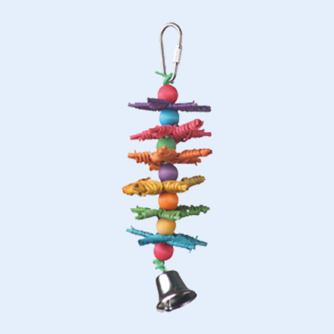 Starburst Bird Toy with colorful wooden stars, beads, and a bell for interactive play—available now at Squawk Shop!