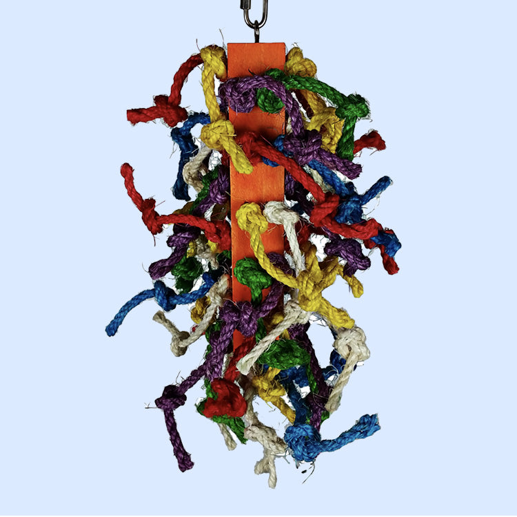A large bird toy featuring a wooden base with colorful knotted cotton ropes, designed for preening, chewing, and mental stimulation.