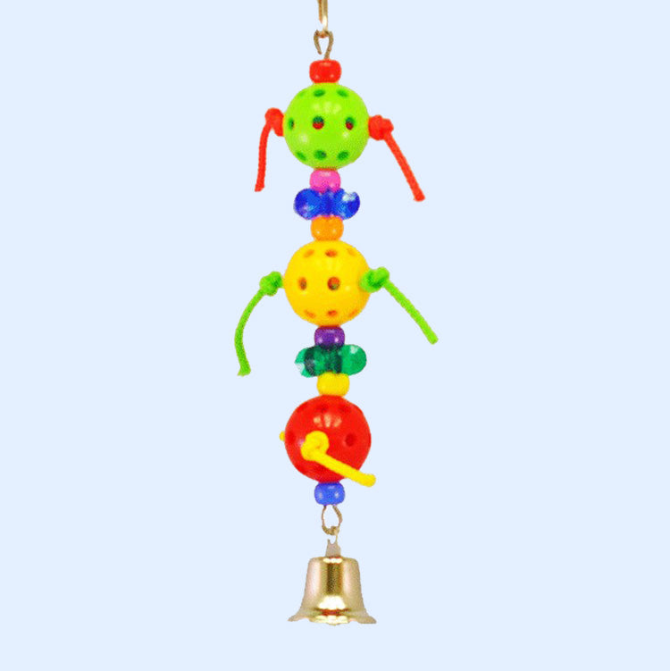 The Tres Huevos bird toy from Squawk Shop, featuring three colorful perforated balls, beads, ropes, and a bell, designed for engaging bird play and stimulation.