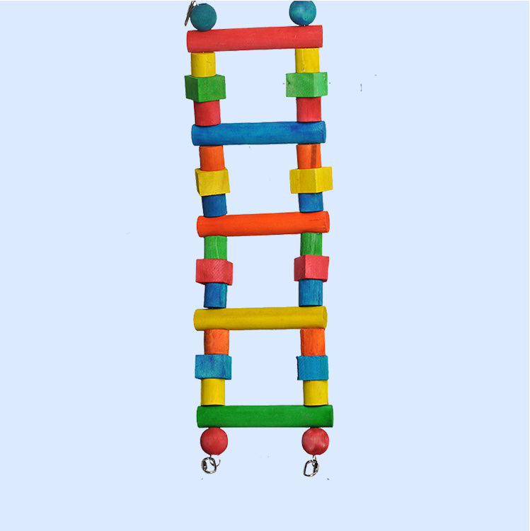 A colorful wooden ladder bird toy from Squawk Shop, featuring brightly painted wooden rungs and secure hooks for climbing, perching, and cage enrichment.