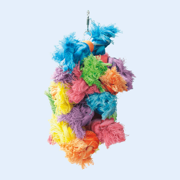 Woolly Monster Medium bird toy with soft, multicolored cotton rope for chewing and preening, available at Squawk Shop.