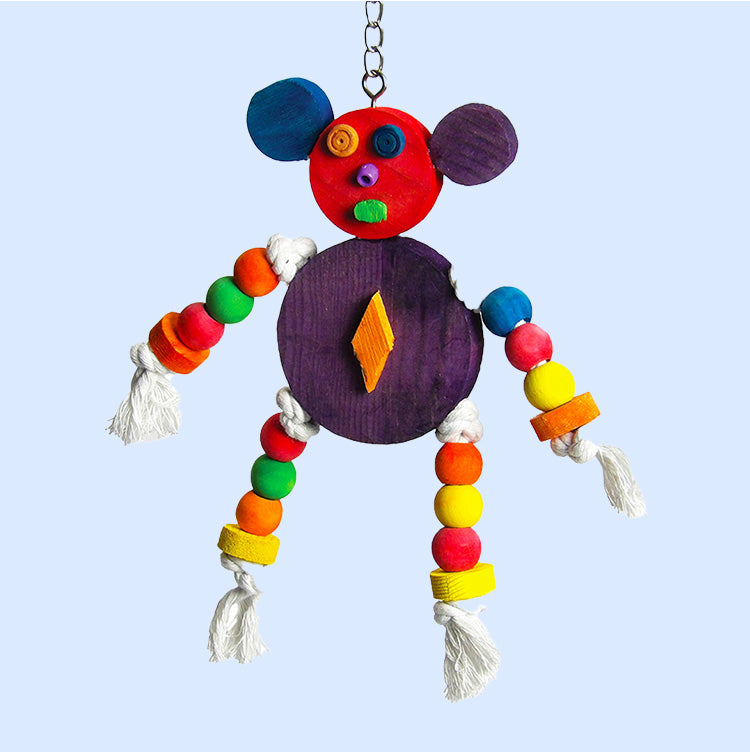 A colorful wooden mouse bird toy with beaded arms and legs, cotton rope ends, and a hanging chain. Designed for chewing, shredding, and interactive play.