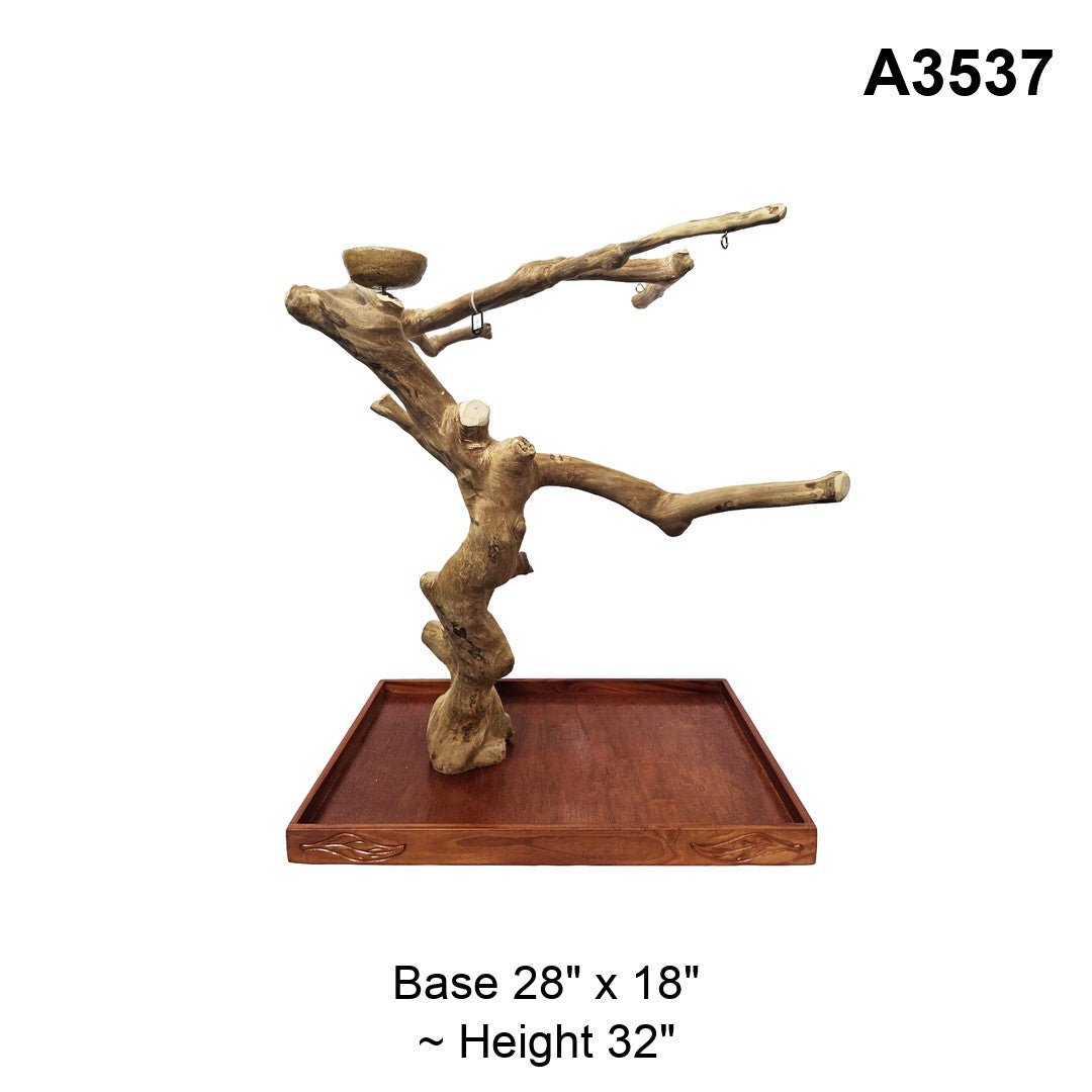 Java wood playstand A3537, high branch with a feeding bowl above a curved trunk, base 28 by 18 inches, about 32 inches tall
