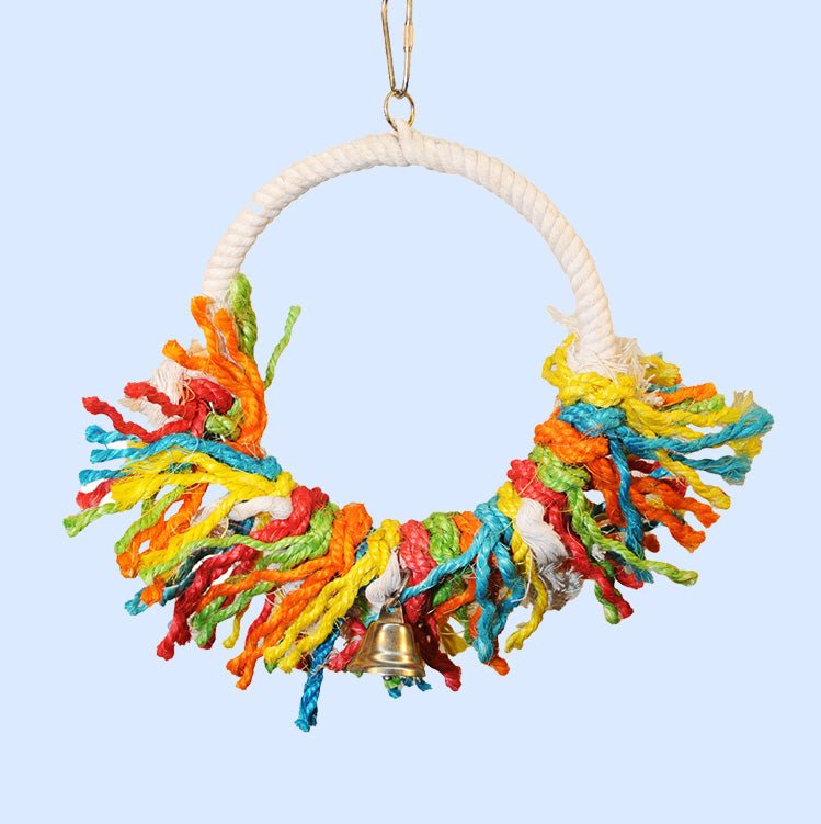 Large Rope Preening Swing from Squawk Shop, featuring colorful ropes, a circular perch, and a hanging bell for medium to large birds.