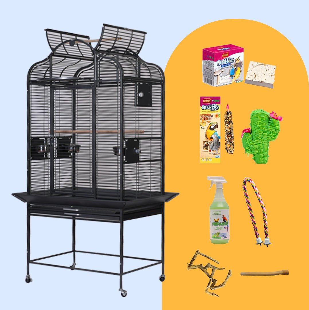 Majestic Medium Parrot Cage Bundle with black dome-top cage, parrot toys, perch, cleaning spray, treats, and accessories from Squawk Shop