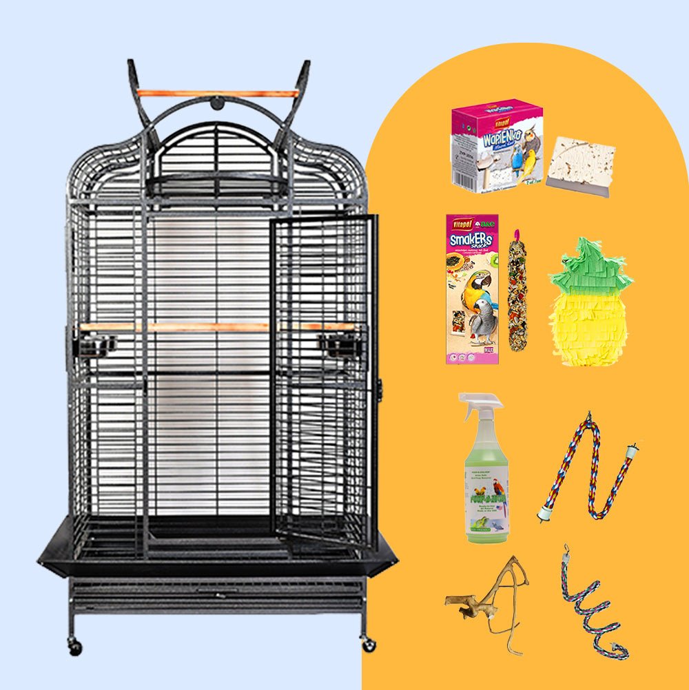 Black extra-large parrot cage with opening dome top and rolling stand, shown with the bundle's treats, toys and cleaner