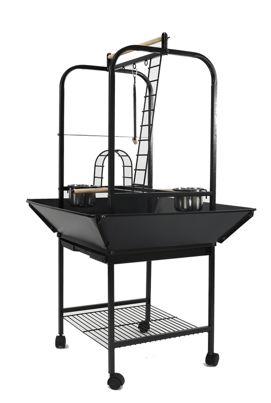 Black rolling parrot play stand with ladders, swing, stainless steel feeder cups, seed guards, and storage shelf
