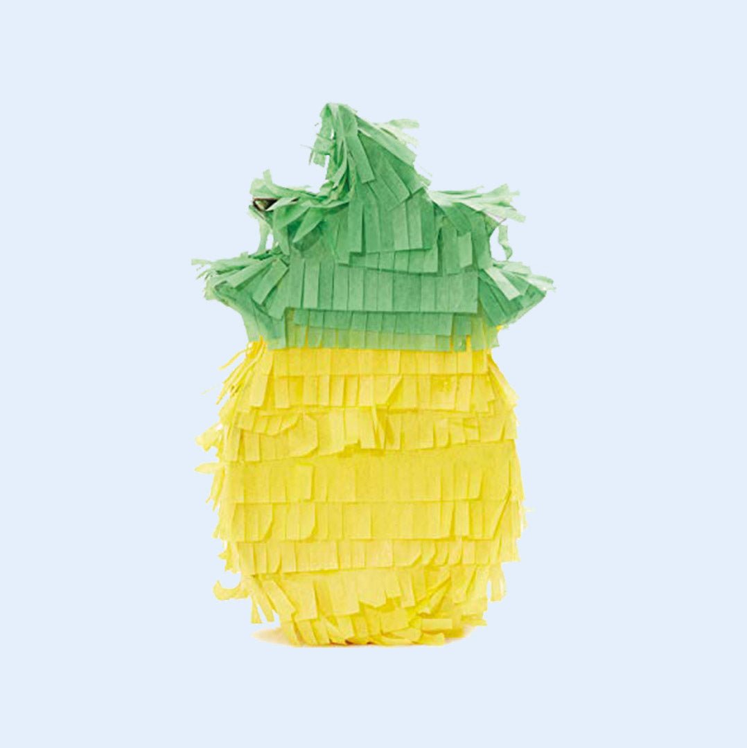 A pineapple-shaped bird piñata with yellow and green fringe, designed for parrots to shred, forage, and play. Ideal for providing enrichment and mental stimulation. Available at Squawk Shop.