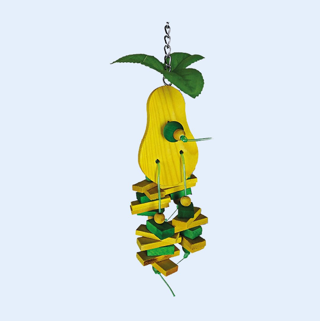 Small Pear Bird Toy with wooden blocks, beads, and a leaf topper, designed for chewing and foraging fun. Available now at Squawk Shop!
