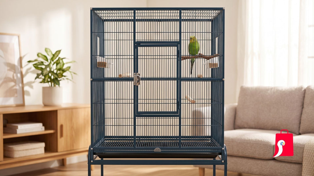 A budgerigar perched in a wide, rectangular parakeet Squawk Shop cage in a bright living room.