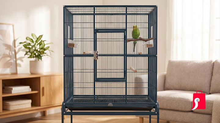 A budgerigar perched in a wide, rectangular parakeet Squawk Shop cage in a bright living room.