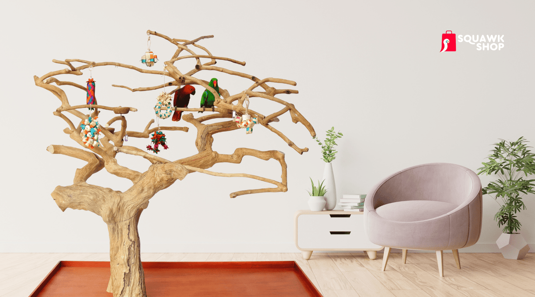 Squawk Shop Java tree parrot playstand with red tray base, hanging toys, and two parrots in a modern living room.