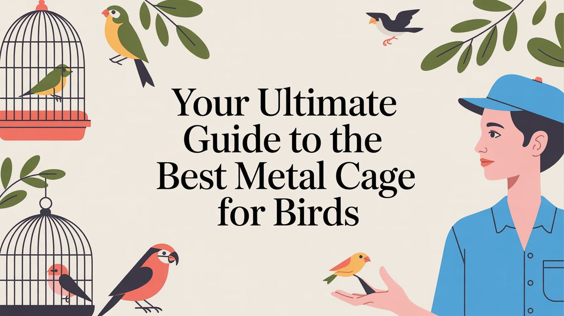 Image of the text "Your Ultimate Guide to the Best Metal Cage for Birds and small clip art images of birds and leaves.