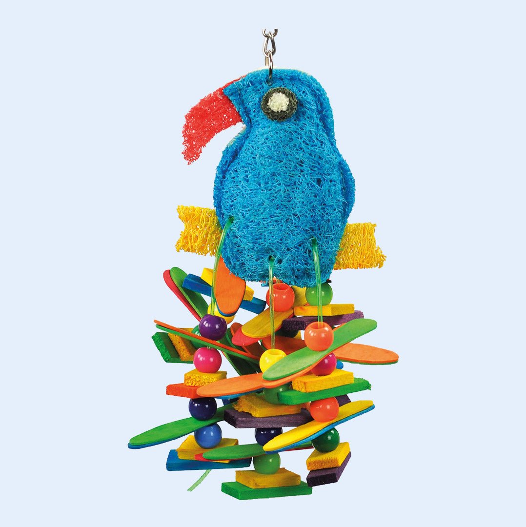 Blue loofah toucan above stacked coloured wooden slats and beads