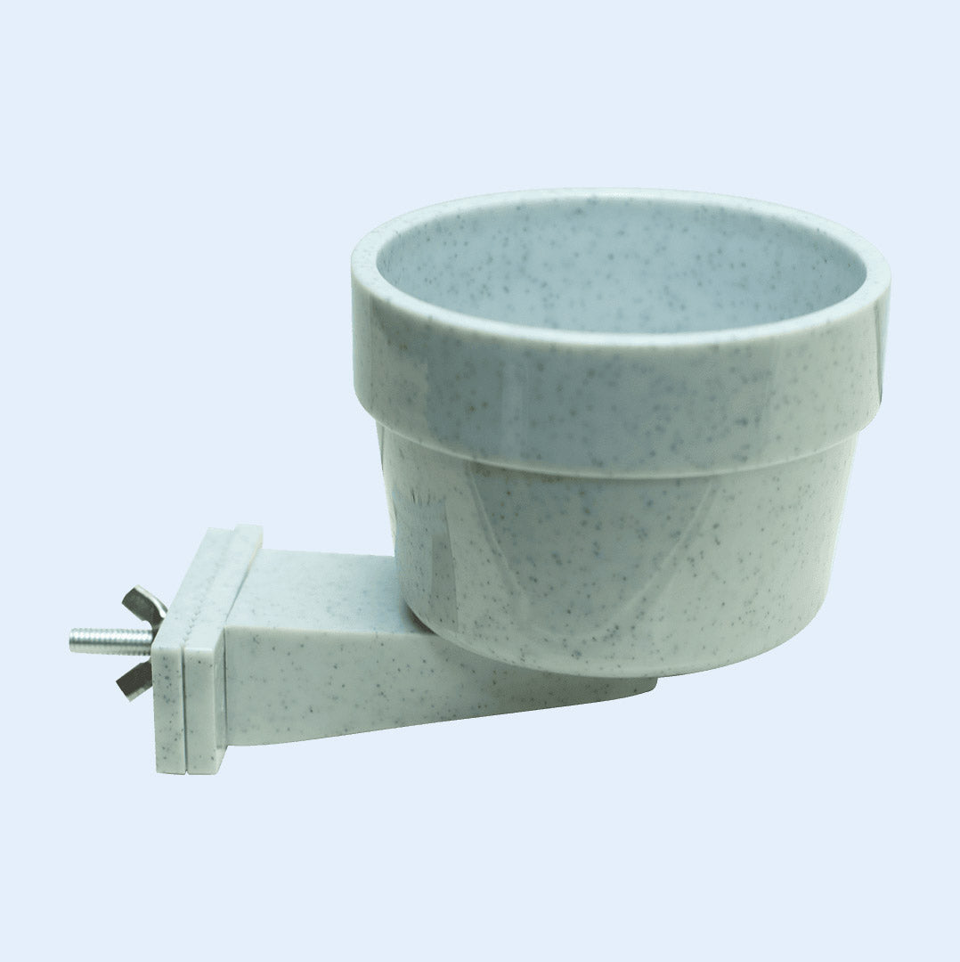10oz plastic quick-locking crock for birds, featuring a durable and secure design. Perfect for parrots and other pet birds, this feeder bowl easily attaches to cages for hassle-free feeding. A must-have bird accessory from Squawk Shop, ideal for convenience and cleanliness.
