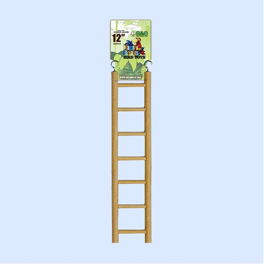 12-inch wooden bird ladder from Happy Beaks Bird Toys, perfect for climbing and exercise. This durable and natural accessory promotes physical activity and engagement for parrots and other pet birds. A great addition to your bird's habitat, available at Squawk Shop.
