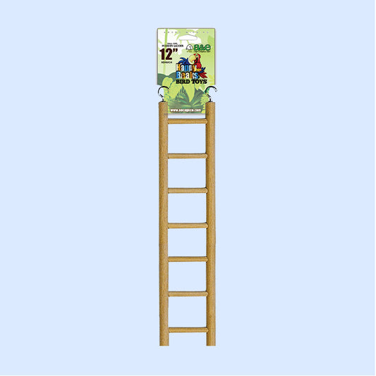 12-inch wooden bird ladder from Happy Beaks Bird Toys, perfect for climbing and exercise. This durable and natural accessory promotes physical activity and engagement for parrots and other pet birds. A great addition to your bird's habitat, available at Squawk Shop.
