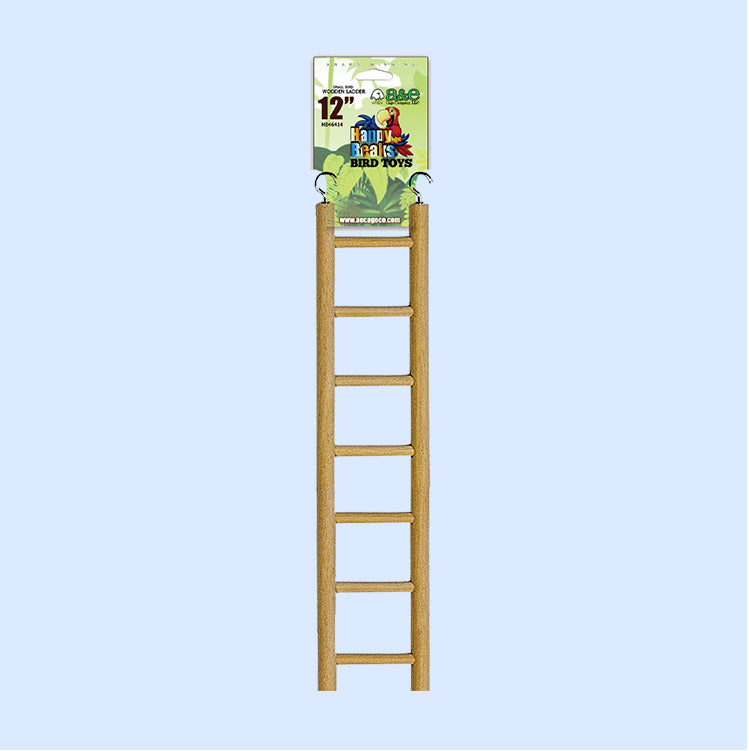 12-inch wooden bird ladder from Happy Beaks Bird Toys, perfect for climbing and exercise. This durable and natural accessory promotes physical activity and engagement for parrots and other pet birds. A great addition to your bird's habitat, available at Squawk Shop.