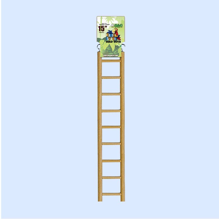 15-inch wooden bird ladder from Happy Beaks Bird Toys, perfect for climbing and exercise. This durable and natural accessory promotes physical activity and engagement for parrots and other pet birds. A great addition to your bird's habitat, available at Squawk Shop.