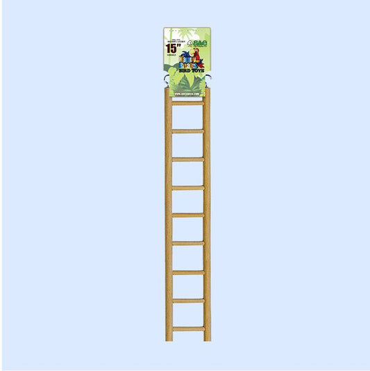 15-inch wooden bird ladder from Happy Beaks Bird Toys, perfect for climbing and exercise. This durable and natural accessory promotes physical activity and engagement for parrots and other pet birds. A great addition to your bird's habitat, available at Squawk Shop.