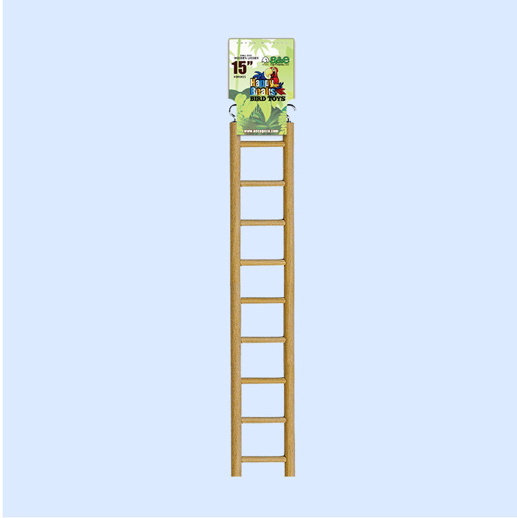 15-inch wooden bird ladder from Happy Beaks Bird Toys, perfect for climbing and exercise. This durable and natural accessory promotes physical activity and engagement for parrots and other pet birds. A great addition to your bird's habitat, available at Squawk Shop.