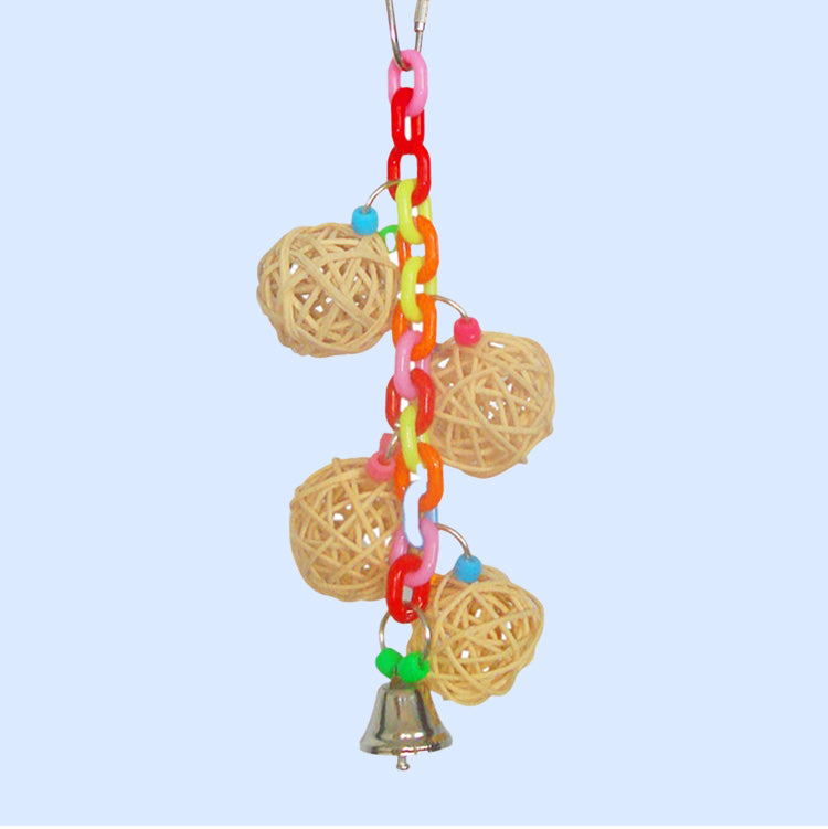 Colorful bird toy with wicker balls, rainbow plastic chain links, and a small bell at the bottom, designed for parrots to chew, play, and enjoy interactive stimulation.