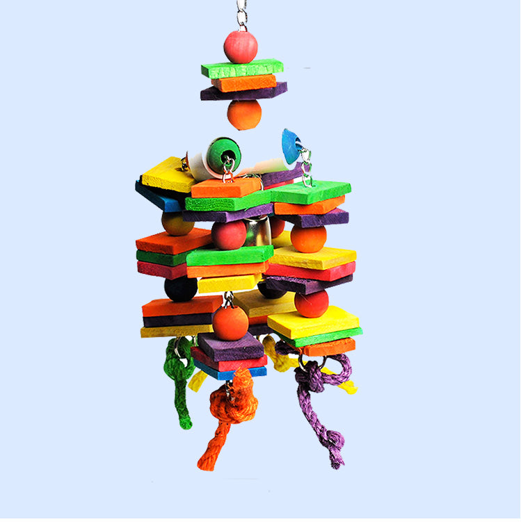 Colorful parrot toy from Squawk Shop featuring wooden blocks, beads, and ropes for bird enrichment, chewing, and playtime.